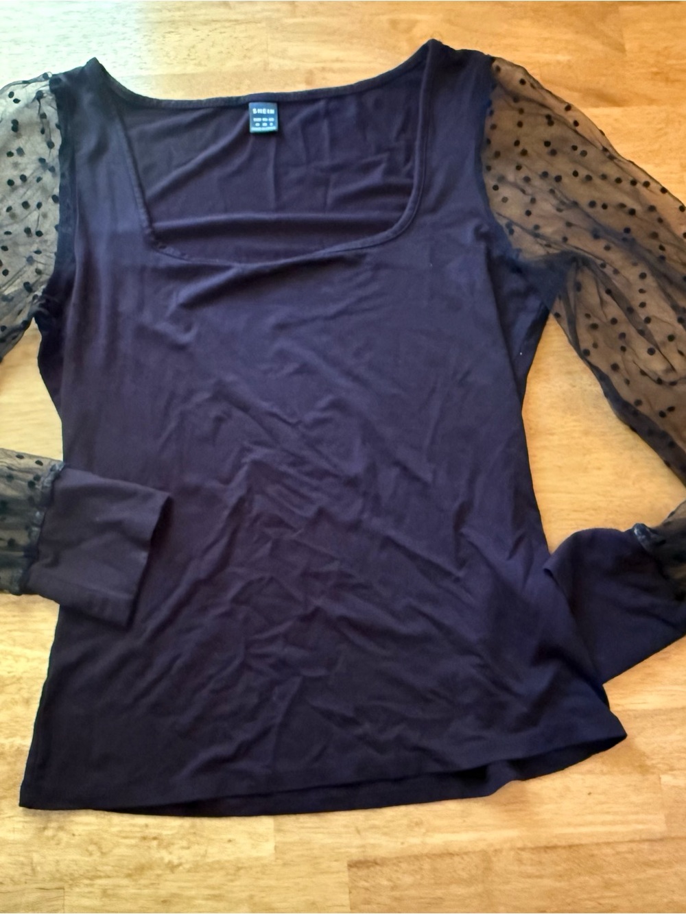 SHEIN Black Square Neck Top with Sheer Polka Dot Long Sleeves Size Medium